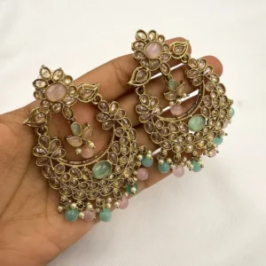 Pastel Kundan Chandbali Earrings, Mint & Pink
