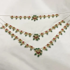 Pink Green Pearl & Kundan Multilayer Necklace - Image 2