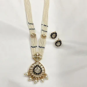 Navy Blue Pearl Kundan Pendant Necklace Set