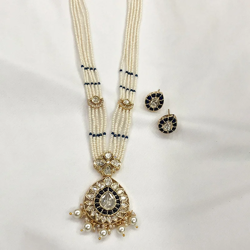 Navy Blue Pearl Kundan Pendant Necklace Set