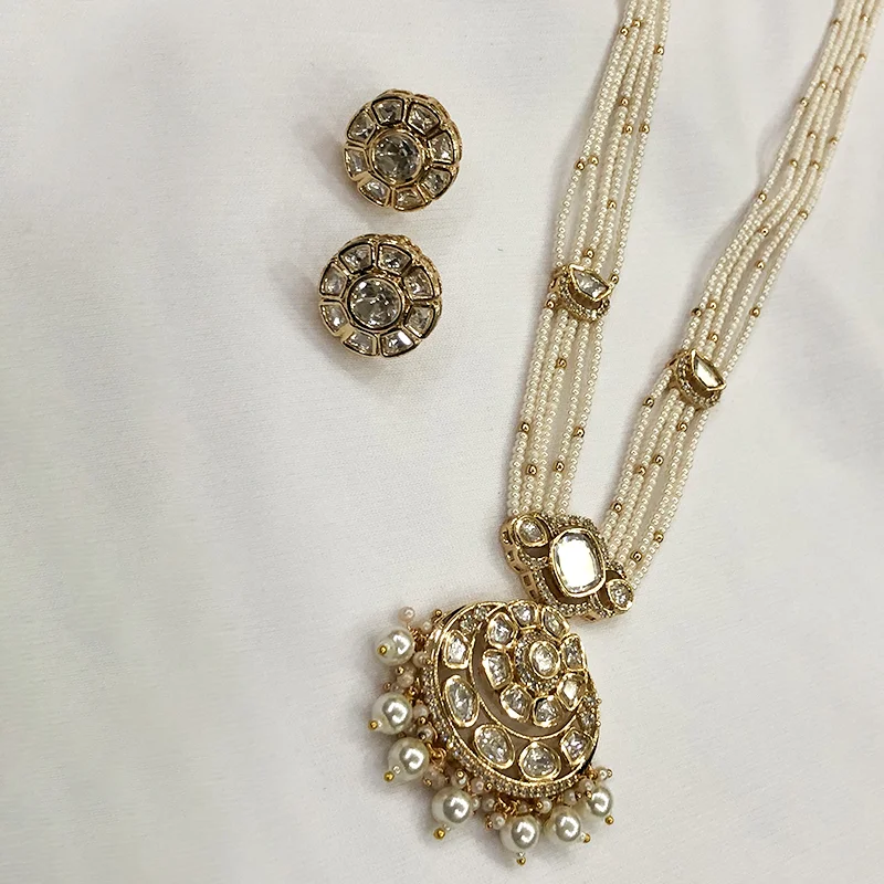 Pearl Kundan Pendant Long Necklace Set - Image 2