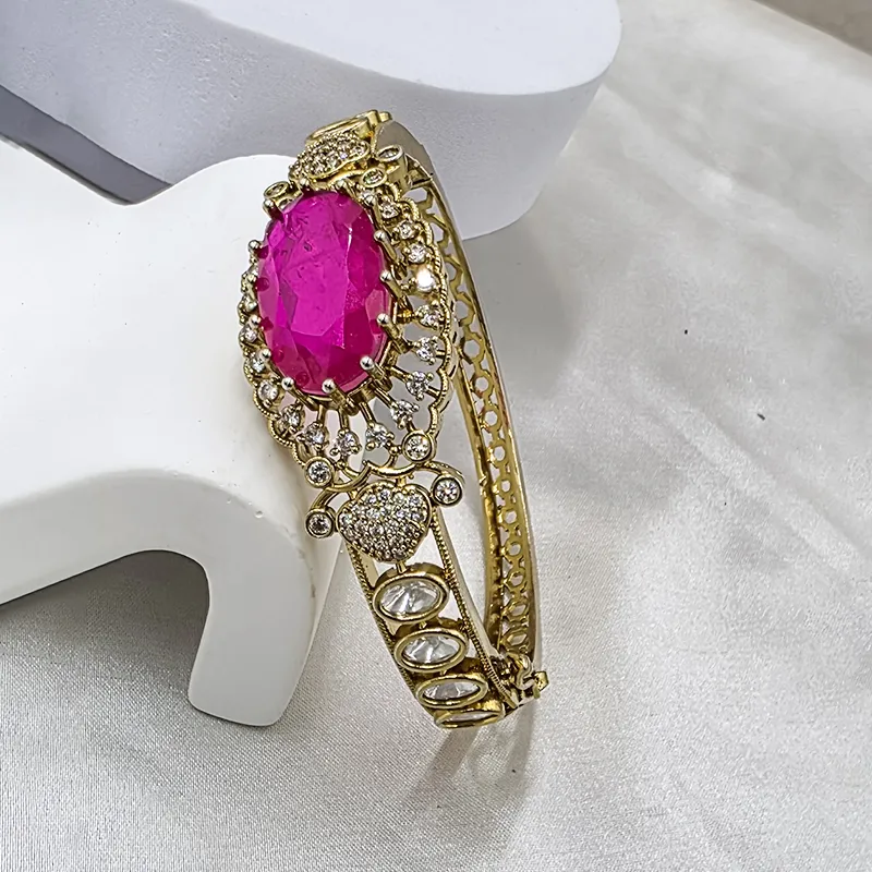 Gold-Tone Kundan Designer Bangle, Hot Pink