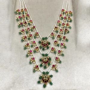 Pink Green Pearl & Kundan Multilayer Necklace