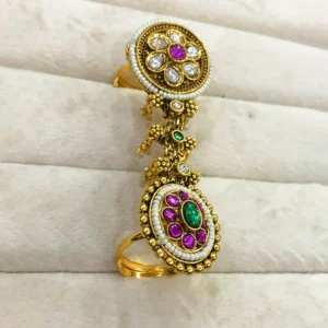 Alternative view of Royal Gold Look Kundan Dual Rings with Pink Stones