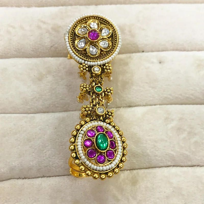 Royal Gold Look Kundan Dual Rings with Pink Stones