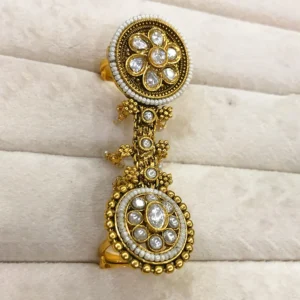 Royal Gold Look Kundan Dual Rings with White Stones