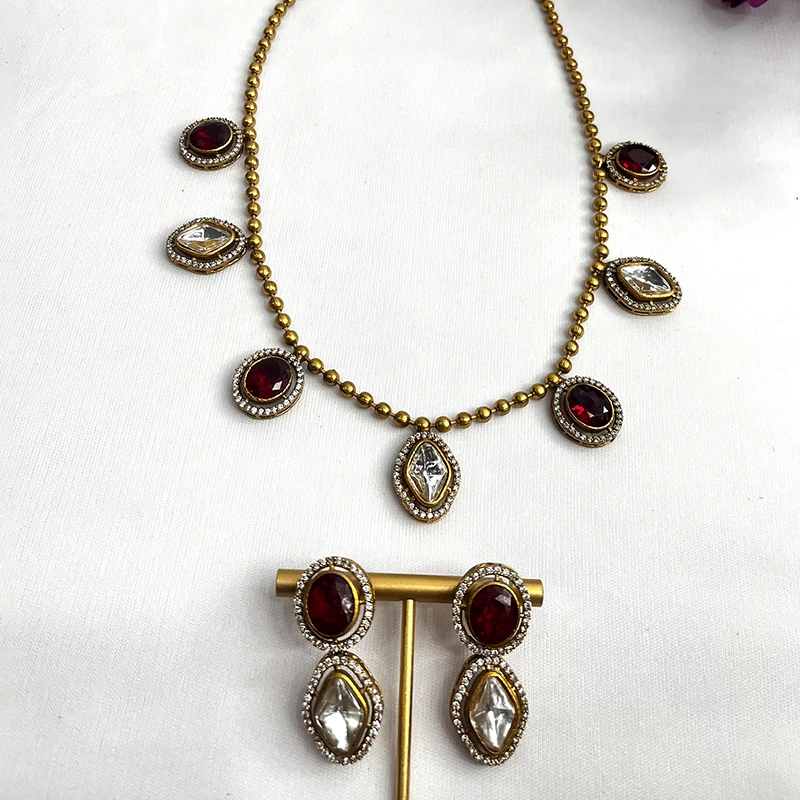 Ruby Kundan Beaded Necklace Set with Earrings - Image 2