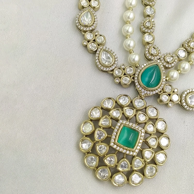 Kundan Polki Necklace Set with Pearl Beads, Mint - Image 4