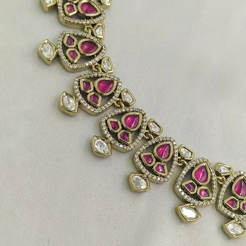 Blush Pink Kundan Statement Necklace Set - Image 3