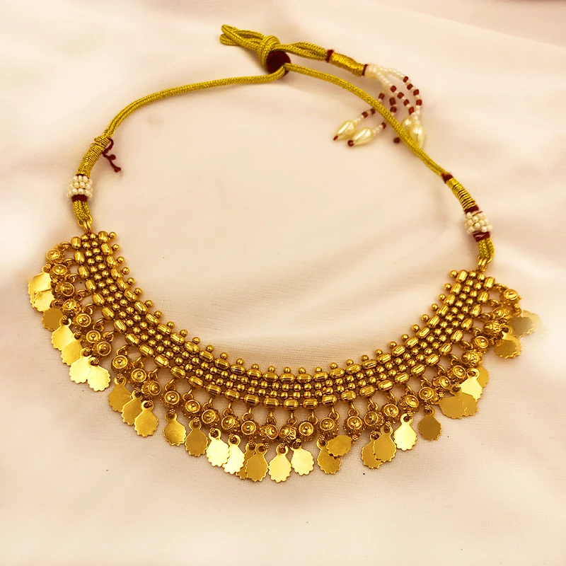 Traditional Gold-Tone Beaded Necklace Set with Coin Drops & Earrings - Image 2