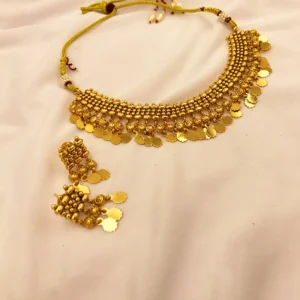 Traditional Gold-Tone Beaded Necklace Set with Coin Drops & Earrings