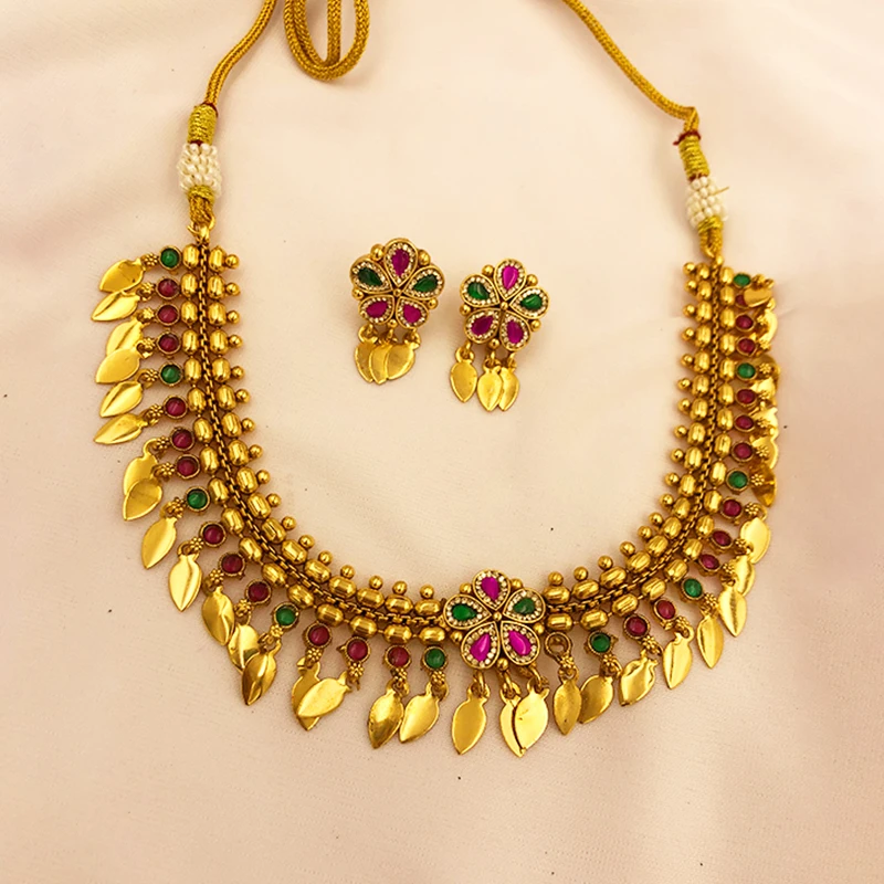 Traditional Kemp Gold-Tone Choker Set with Green Ruby Stones & Earrings