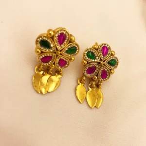 Traditional Kemp Gold-Tone Choker Set with Green Ruby Stones & Earrings - Image 3