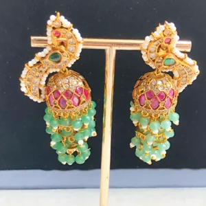 Alternative view of Royal Triple Layer Pearl Jhumka Earrings, Green