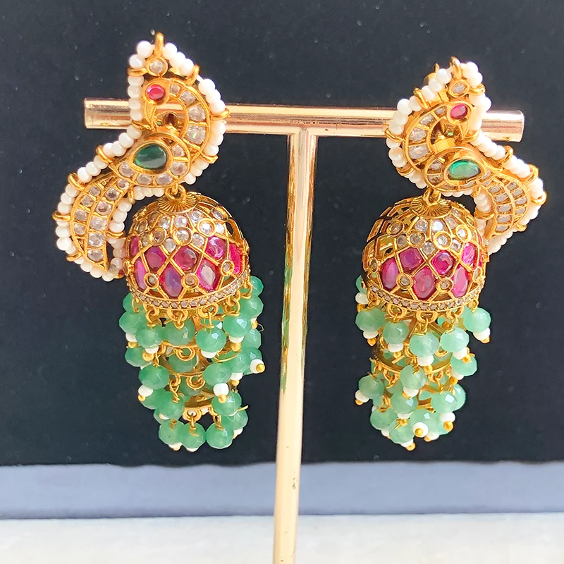Royal Triple Layer Pearl Jhumka Earrings, Green - Image 2